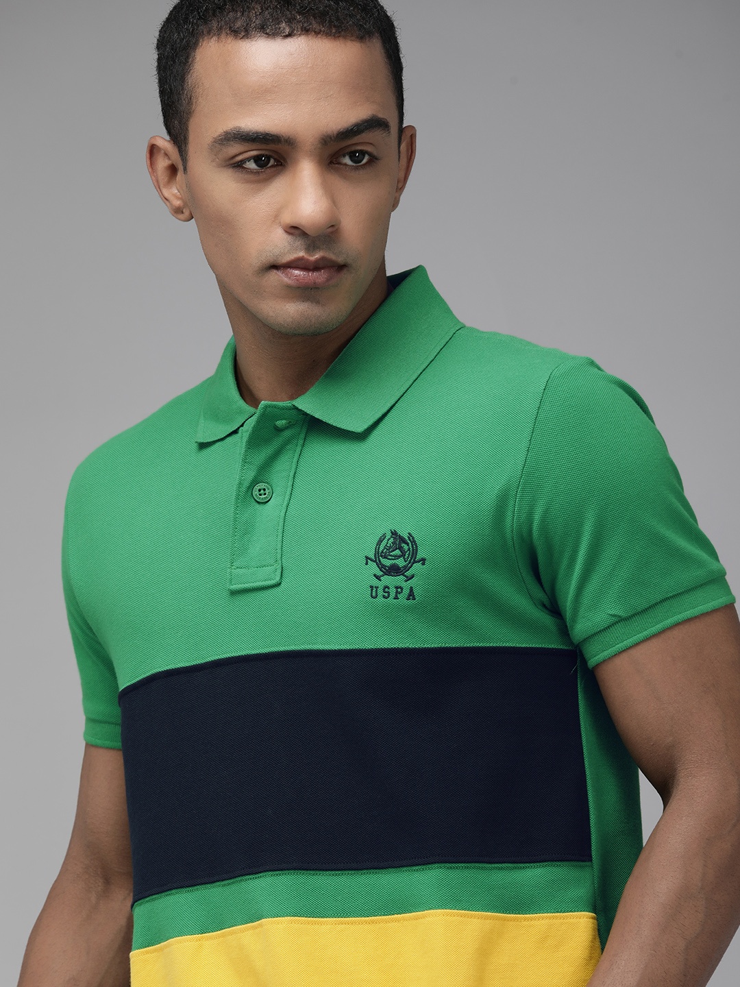 

U.S. Polo Assn. Men Green & Navy Blue Colourblocked Pure Cotton Polo Collar T-shirt