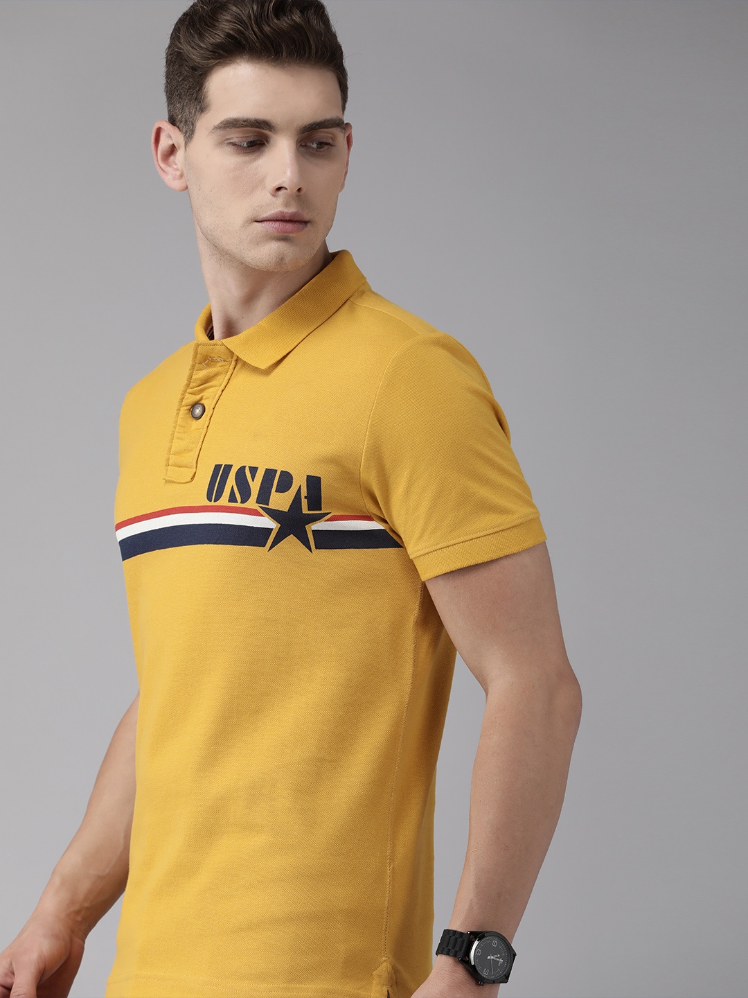 

U S Polo Assn Denim Co Men Mustard Yellow Striped Polo Collar T-shirt