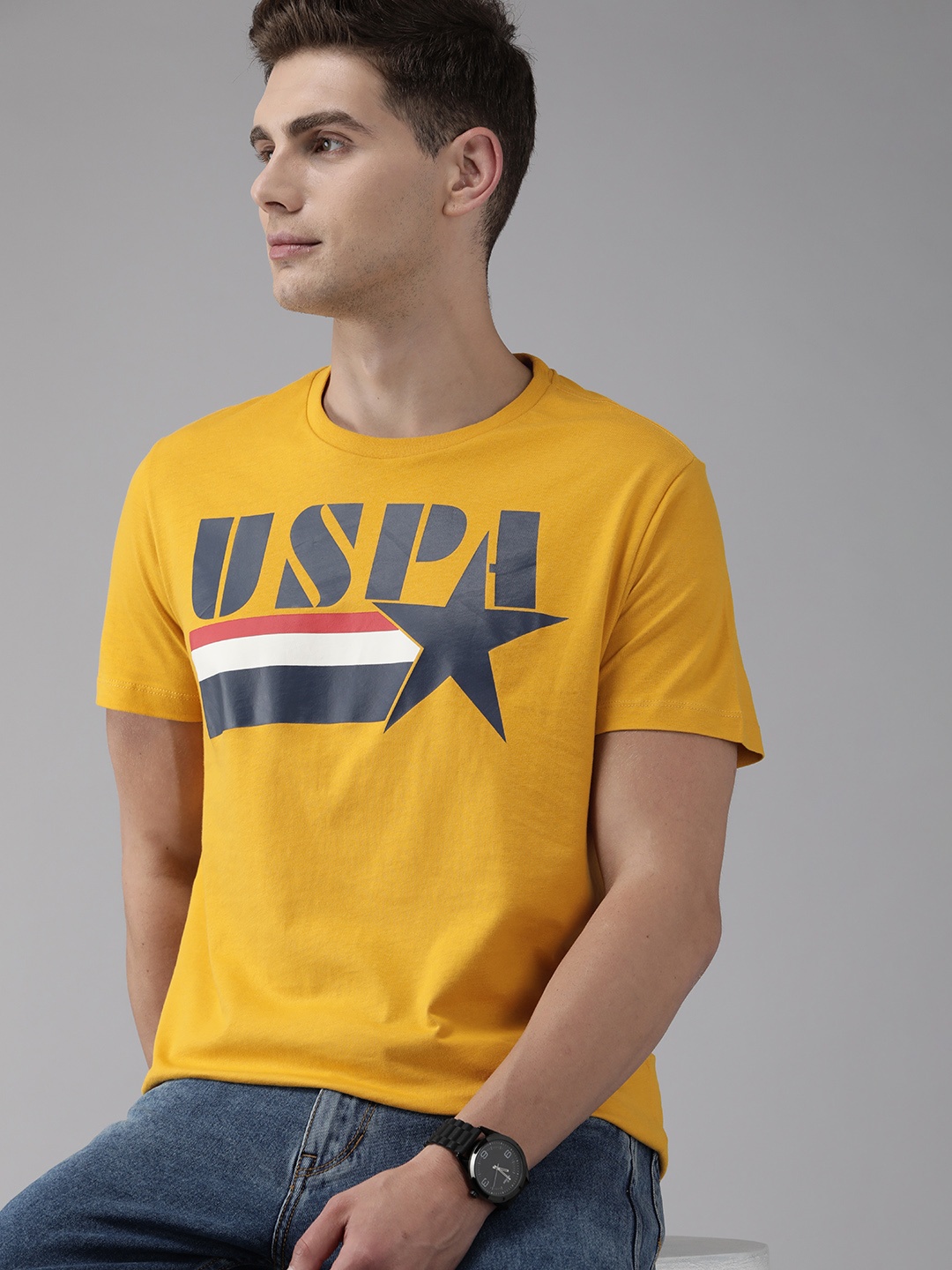 

U S Polo Assn Denim Co Men Mustard Yellow Brand Logo T-shirt