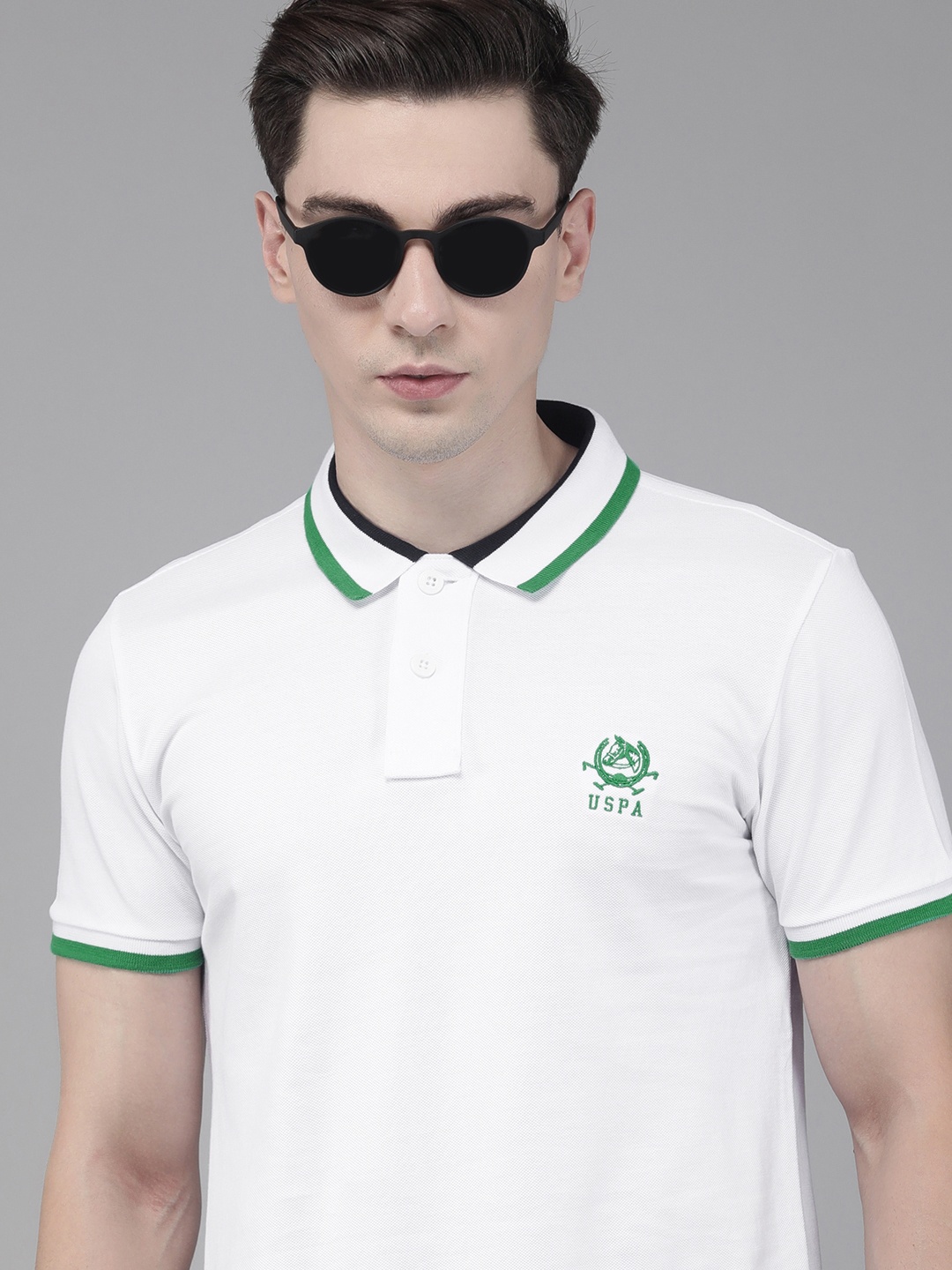 

U S Polo Assn Men White & Green Solid Polo Collar Slim Fit T-shirt