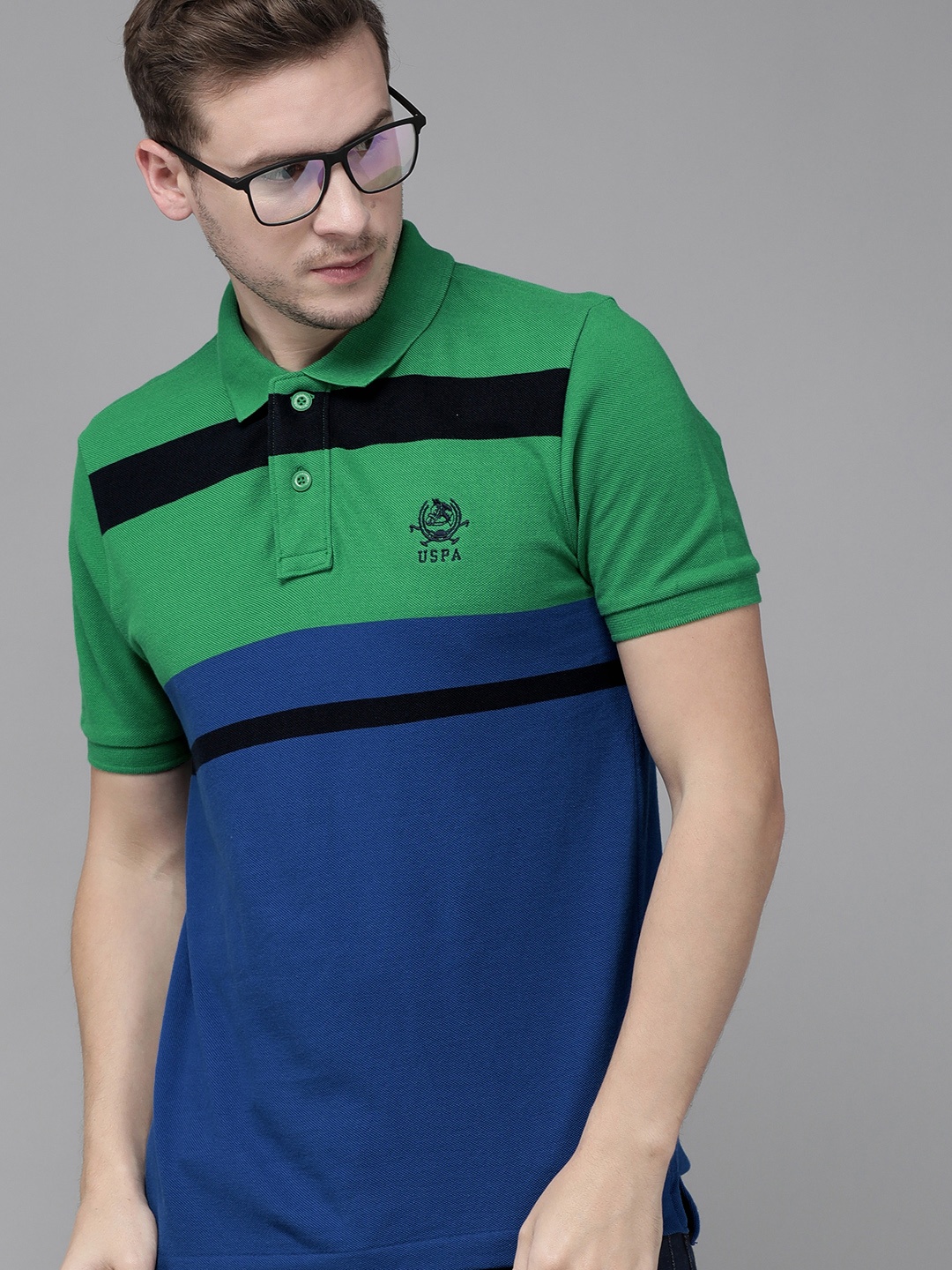 

U S Polo Assn Men Green & Blue Colourblocked Polo Collar Pure Cotton Slim Fit T-shirt