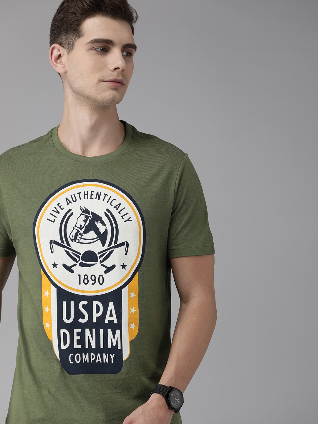 

U S Polo Assn Denim Co Men Olive Green Brand Logo Printed T-shirt