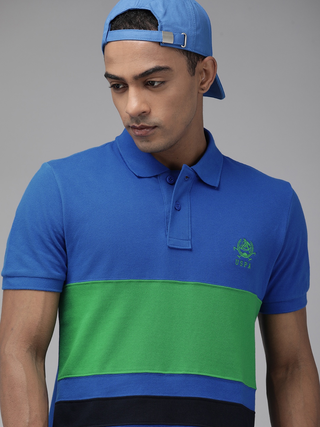 

U.S. Polo Assn. Men Blue & Green Colourblocked Pure Cotton Polo Collar T-shirt