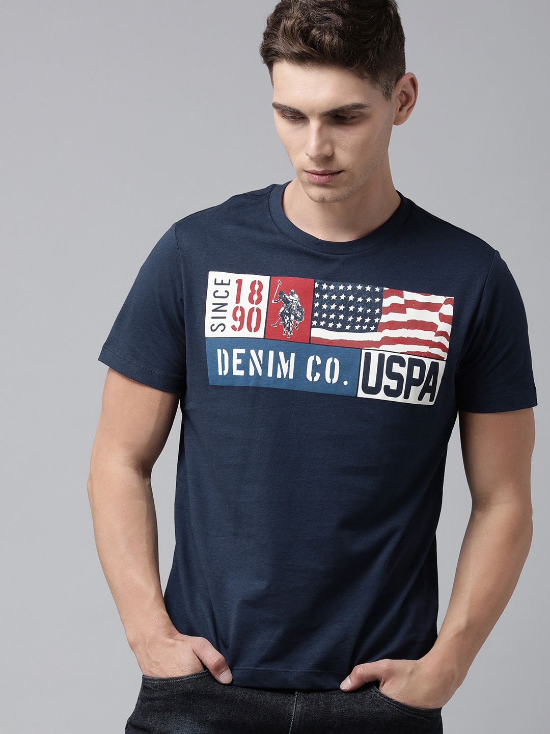 

U S Polo Assn Denim Co Men Navy Blue & Cream-Coloured Brand Logo Pure Cotton T-shirt