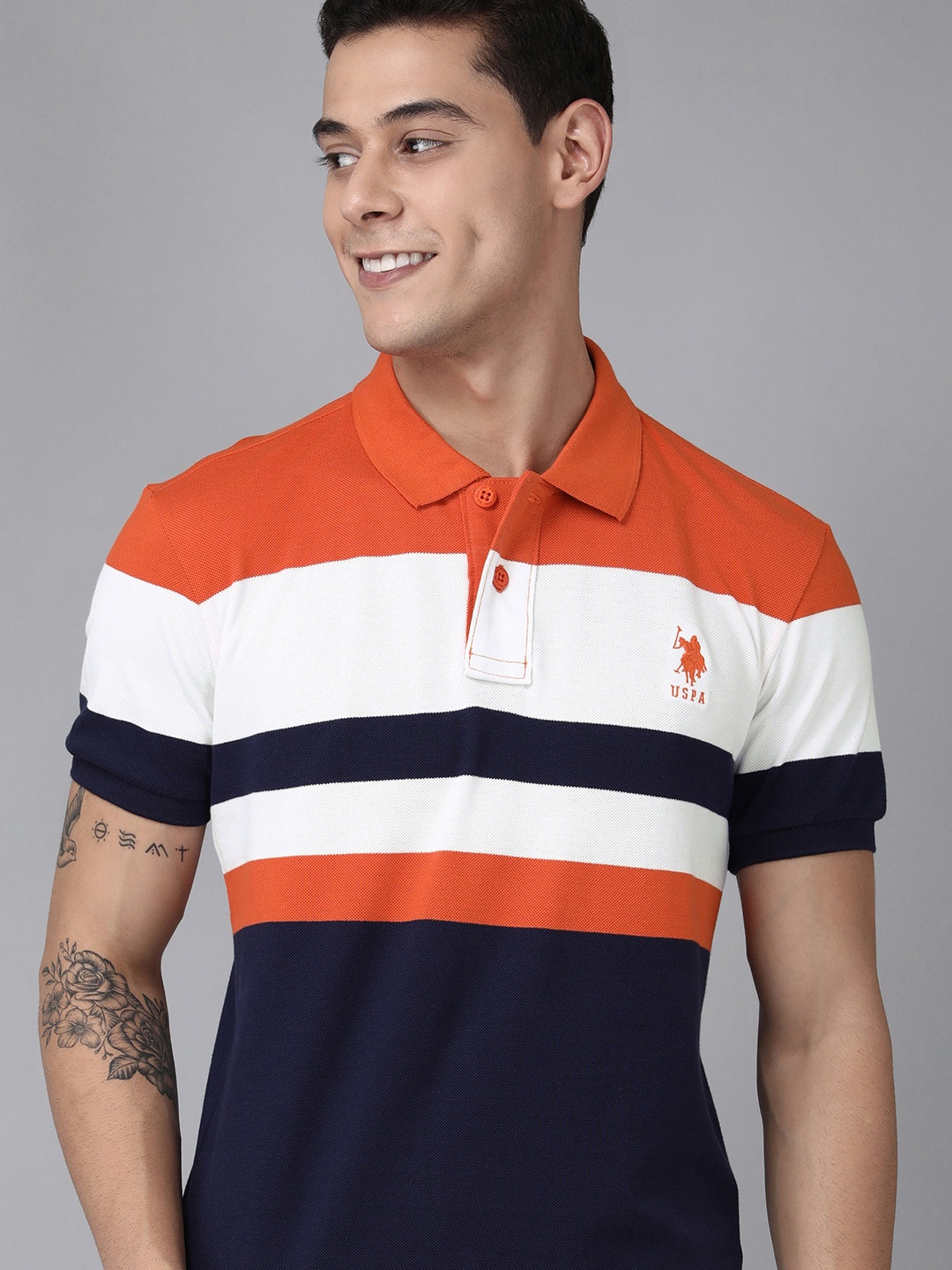 

U S Polo Assn Men Orange & Navy Blue Colourblocked Polo Collar Slim Fit T-shirt