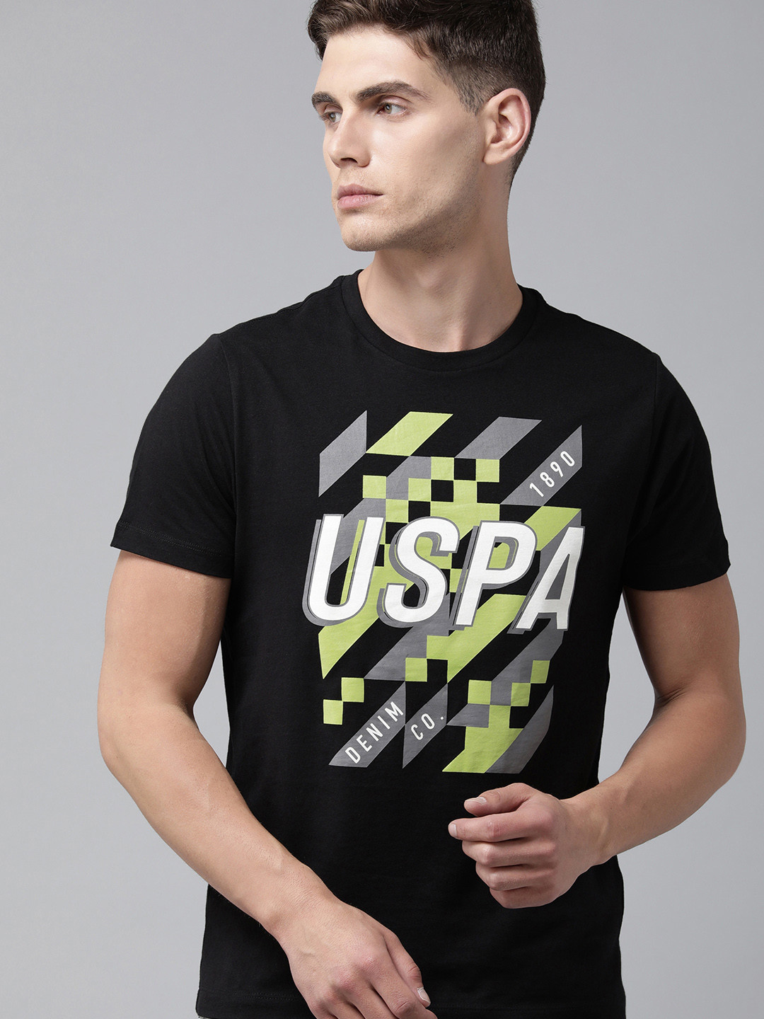 

U S Polo Assn Denim Co Men Black & Yellow Brand Logo Printed Pure Cotton T-shirt