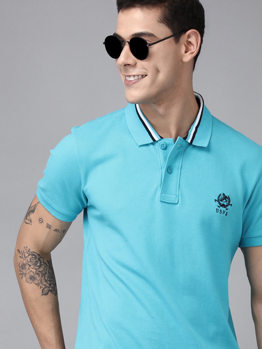 

U S Polo Assn Men Sky Blue Brand Logo Printed Polo Collar Pure Cotton Slim Fit T-shirt