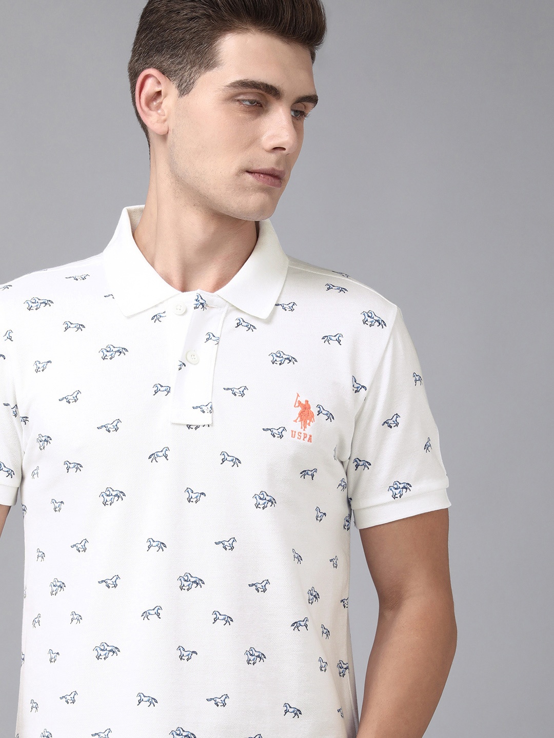 

U S Polo Assn Men White & Blue Printed Polo Collar Slim Fit Pure Cotton T-shirt