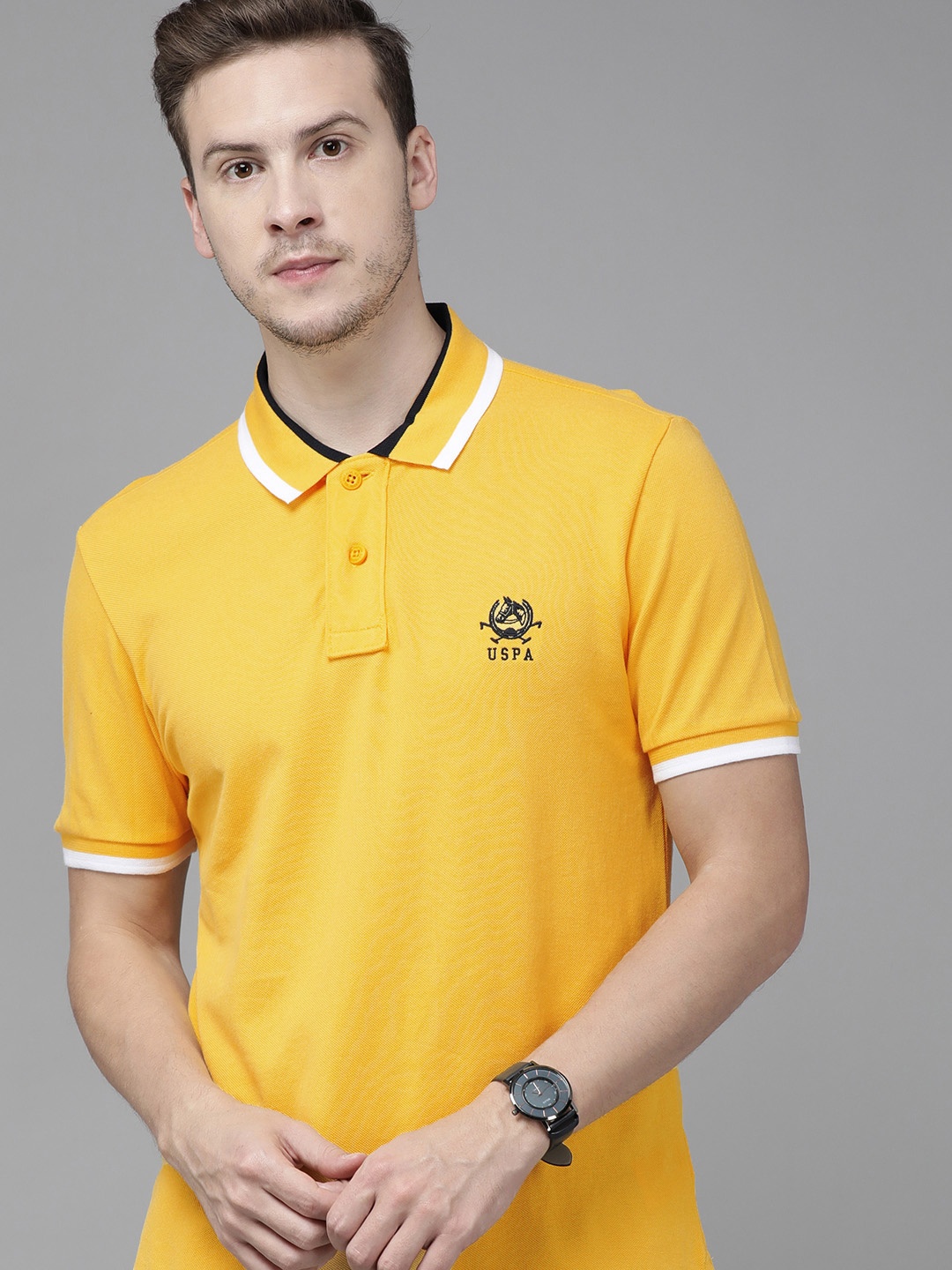 

U S Polo Assn Men Mustard Yellow Solid Polo Collar Pure Cotton Slim Fit T-shirt