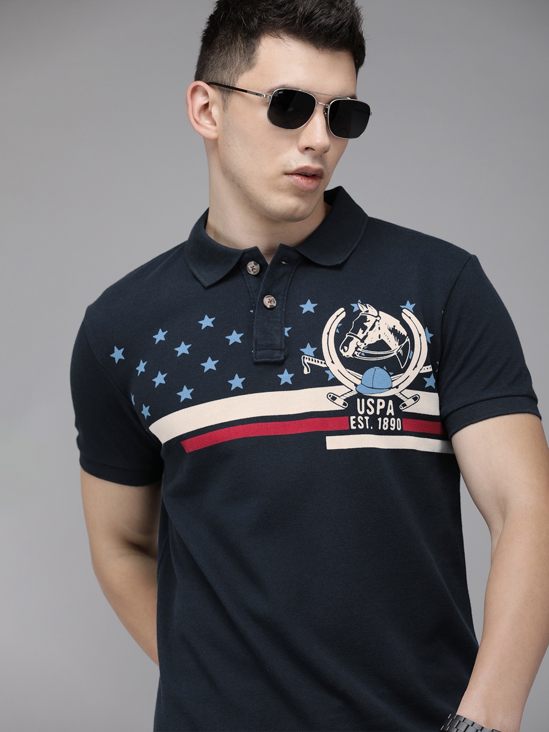 

U.S. Polo Assn. Denim Co. Men Navy Blue Brand Logo Print Polo Collar Cotton T-shirt