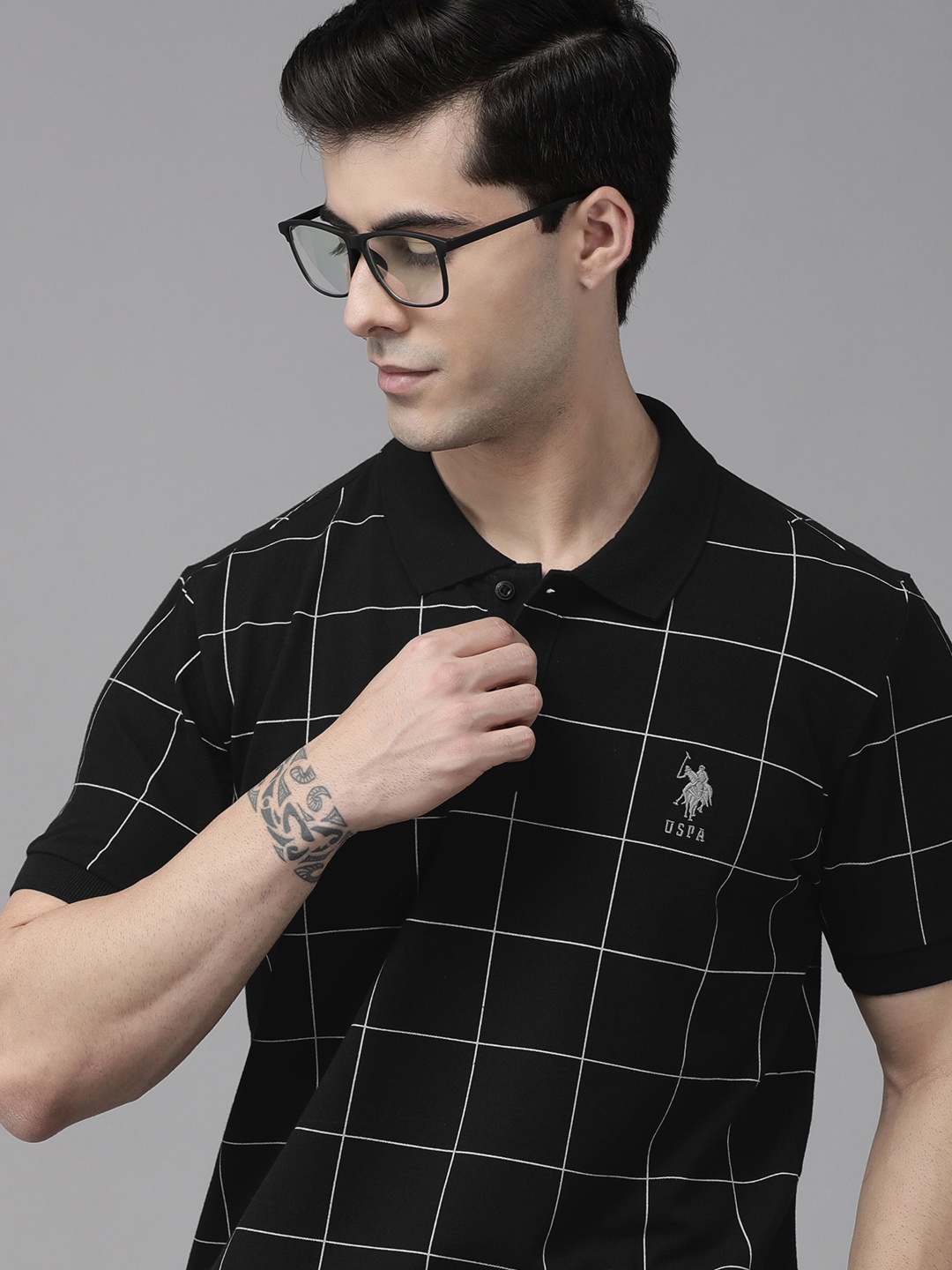 

U S Polo Assn Men Black & White Checked Polo Collar Slim Fit T-shirt