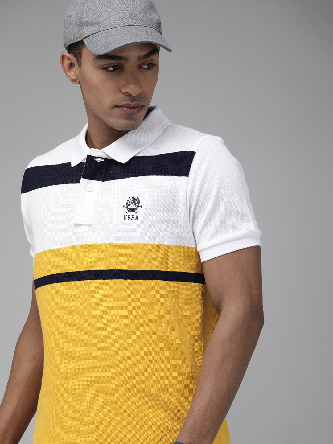 

U.S. Polo Assn. Men Yellow & White Colourblocked Pure Cotton Polo Collar T-shirt
