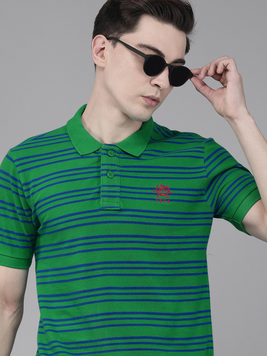 

U S Polo Assn Men Green & Blue Striped Polo Collar Slim Fit T-shirt