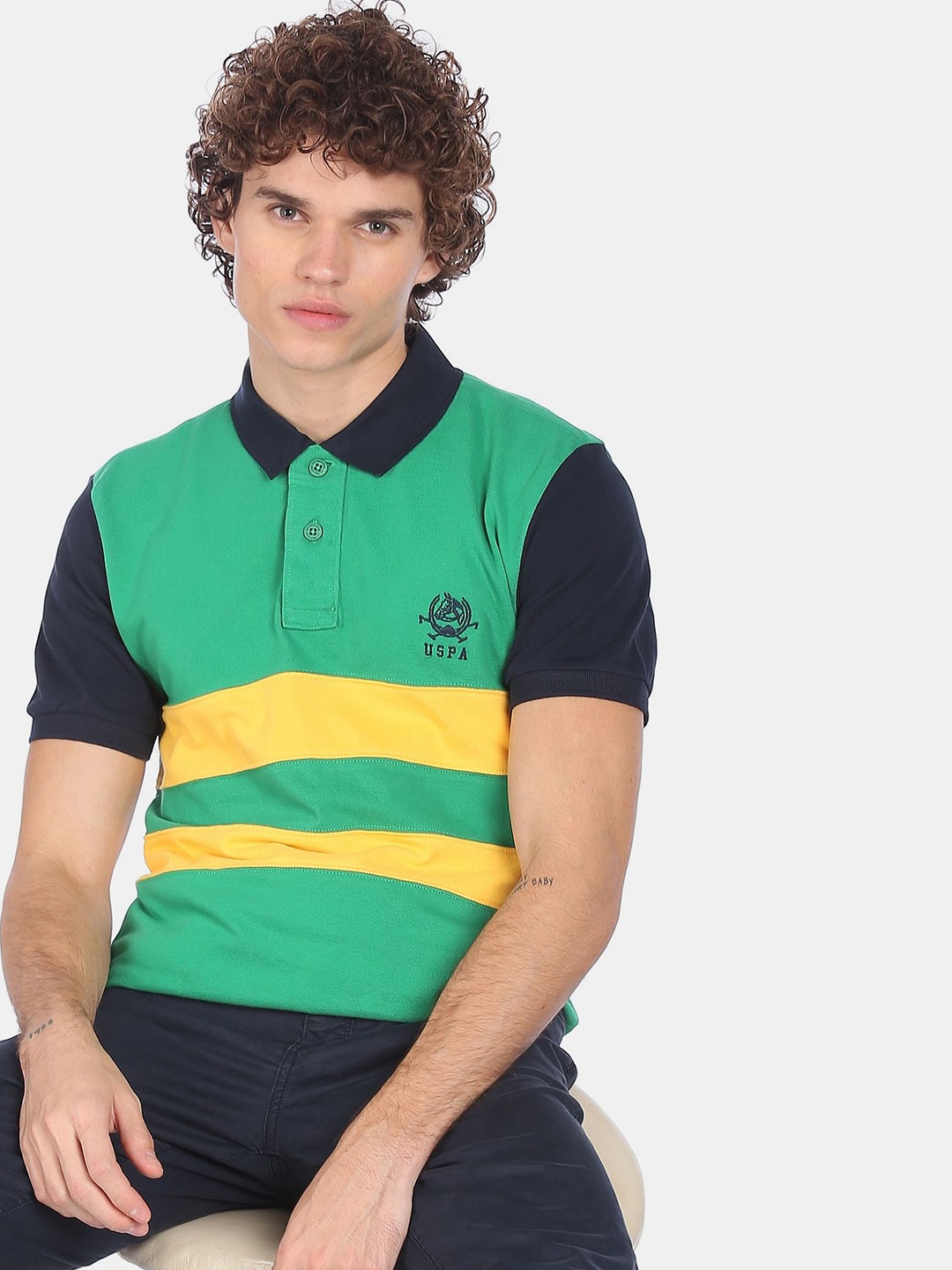 

U S Polo Assn Men Green & Yellow Striped Polo Collar Slim Fit T-shirt