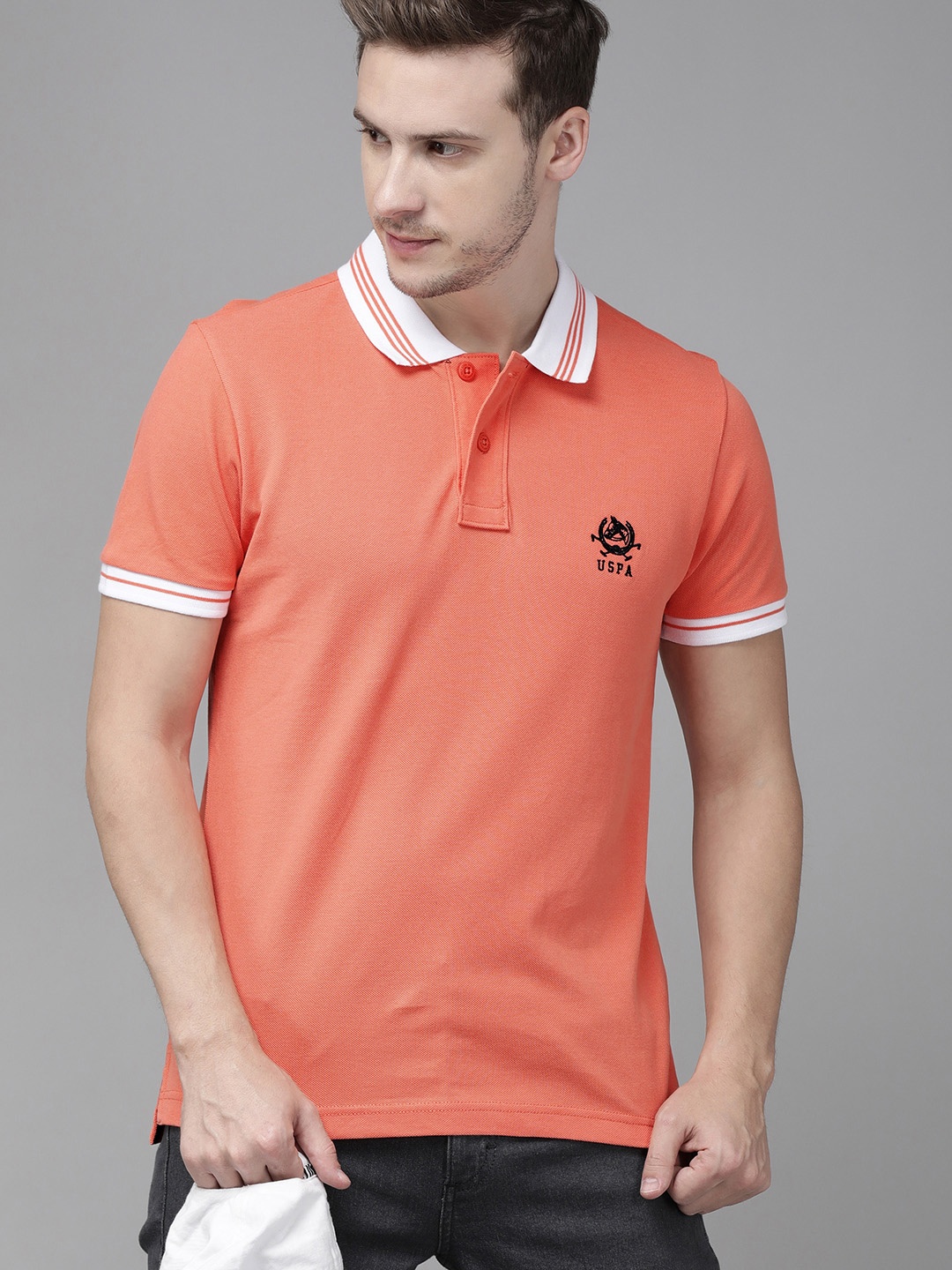 

U S Polo Assn Men Pink & Black Polo Collar Slim Fit T-shirt