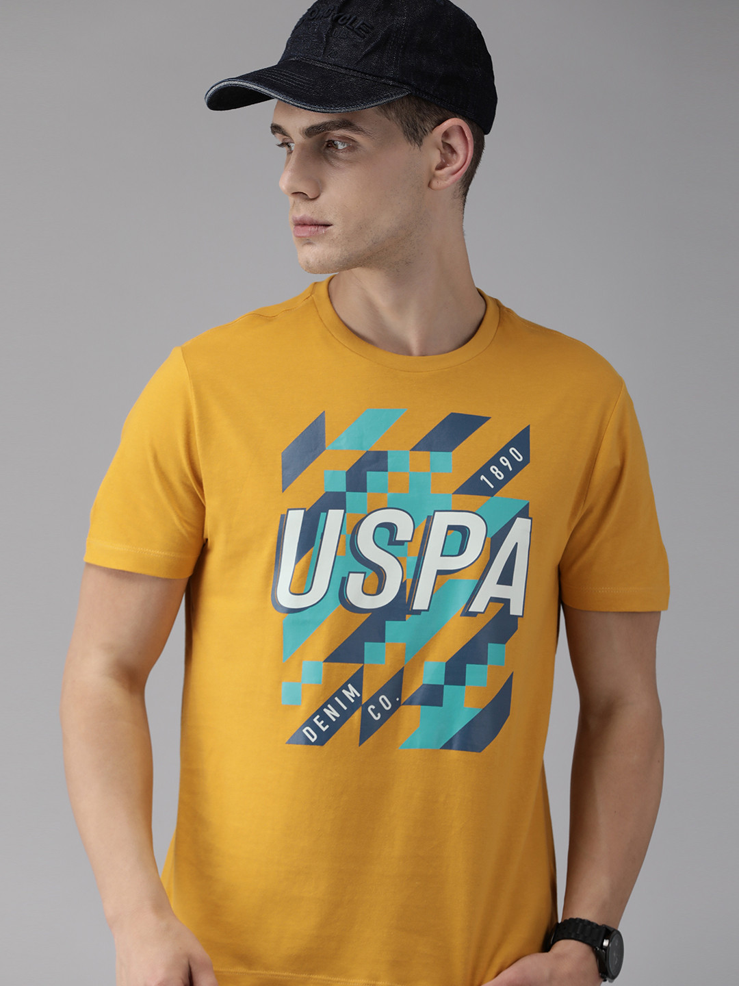 

U S Polo Assn Denim Co Men Mustard Yellow Brand Logo Printed T-shirt