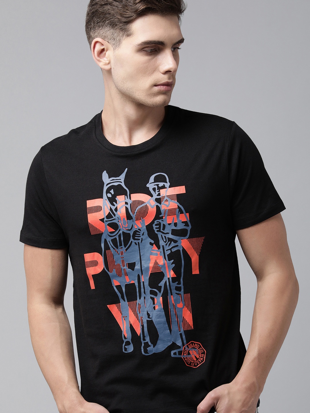 

U S Polo Assn Denim Co Men Black & Red Typography Printed Pure Cotton T-shirt