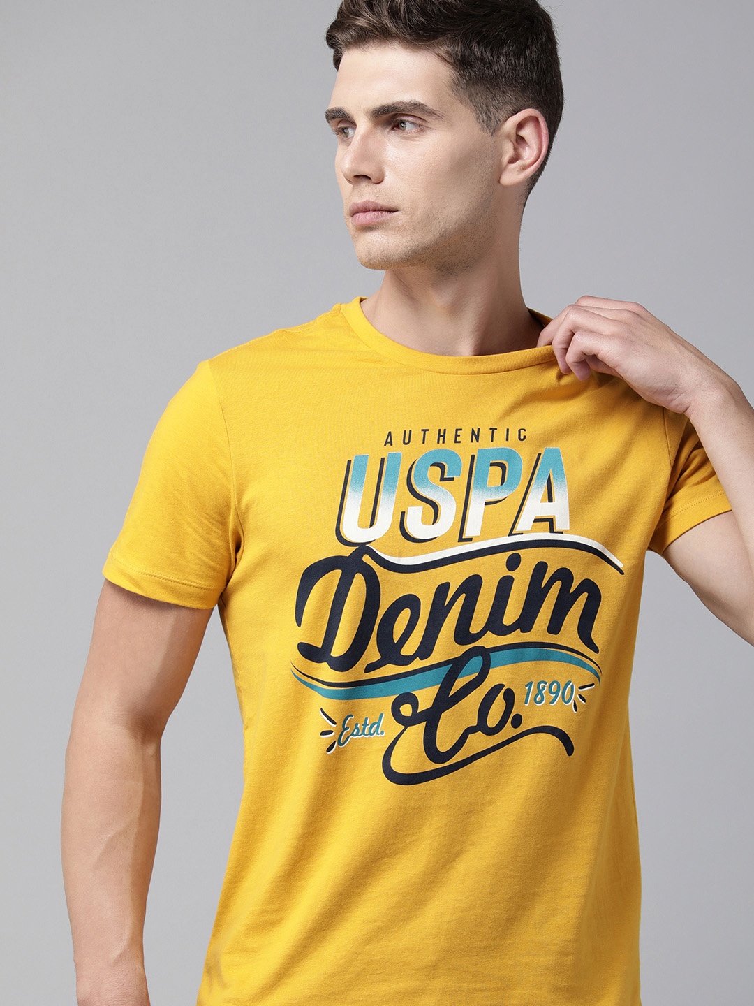 

U S Polo Assn Denim Co Men Yellow & White Brand Logo Printed Pure Cotton T-shirt
