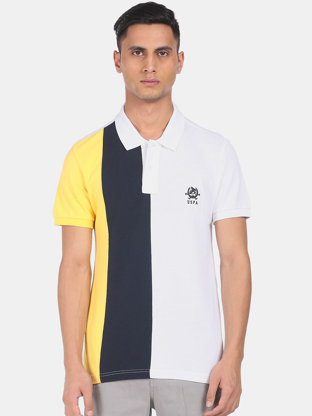 

U S Polo Assn Men Yellow & White Colourblocked Polo Collar Slim Fit T-shirt