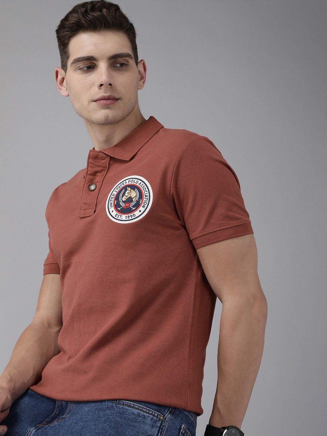 

U S Polo Assn Denim Co Men Rust Polo Collar Applique T-shirt