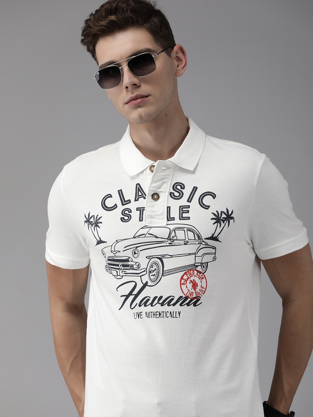 

U S Polo Assn Denim Co Men White Typography Printed Polo Collar T-shirt