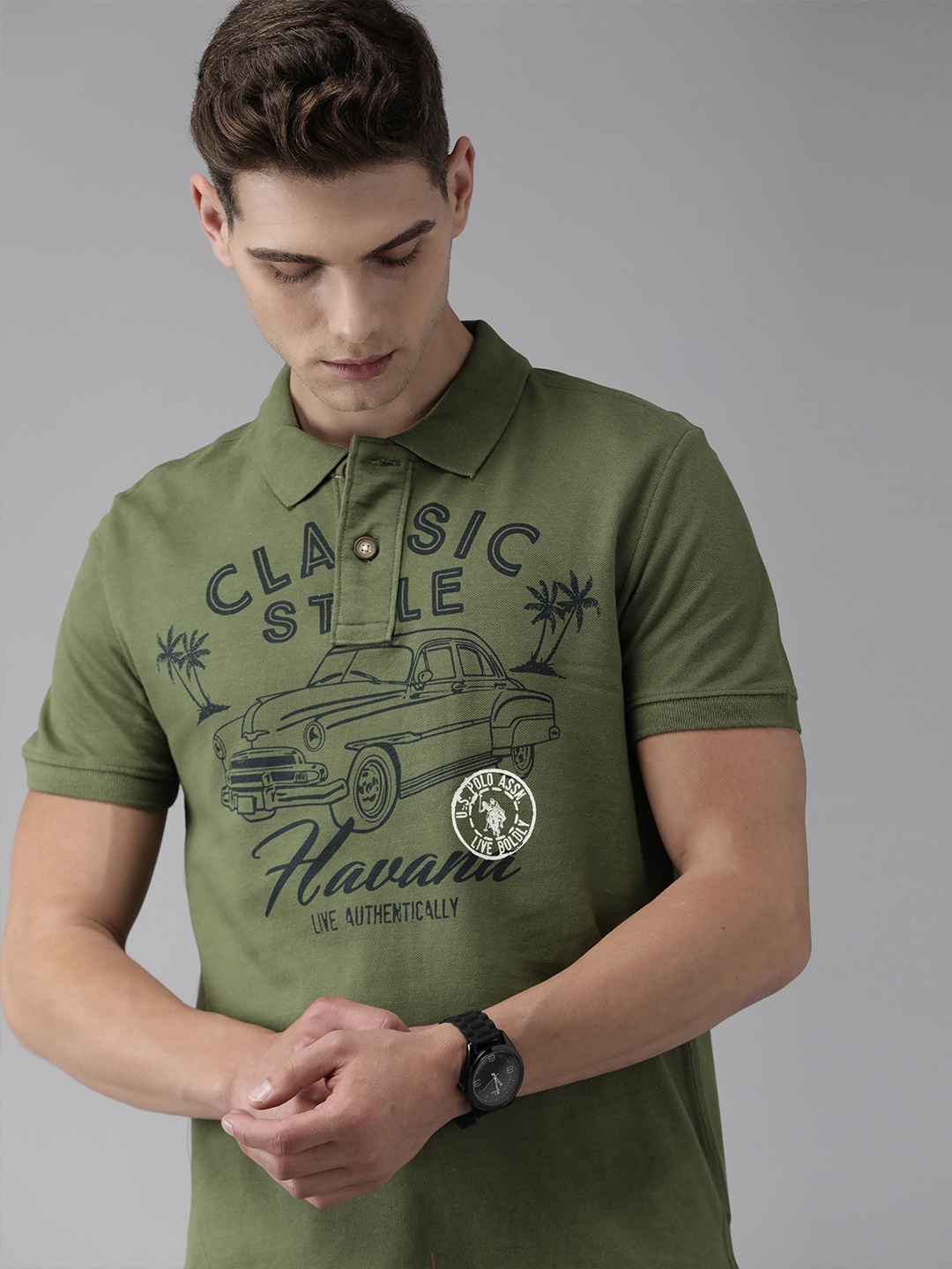 

U S Polo Assn Denim Co Men Olive Green Brand Logo T-shirt