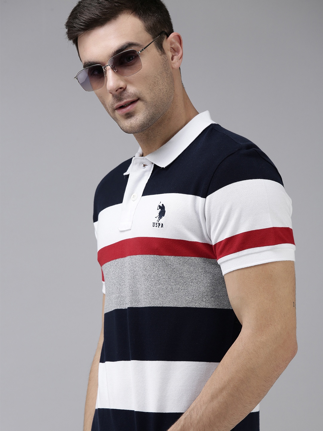 

U S Polo Assn Men White & Black Striped Polo Collar Pure Cotton T-shirt