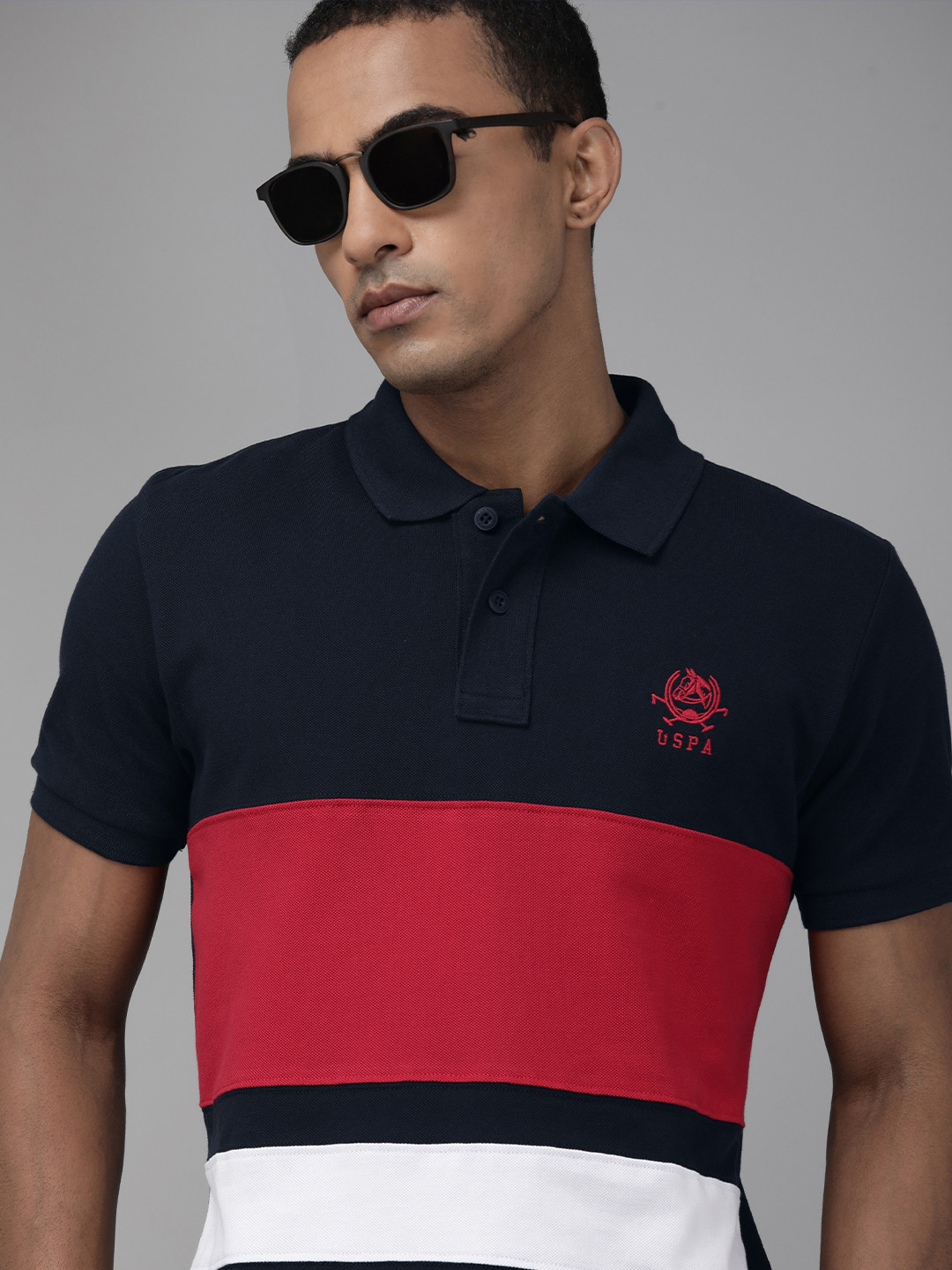 

U S Polo Assn Men Blue & Pink Colourblocked Polo Collar T-shirt