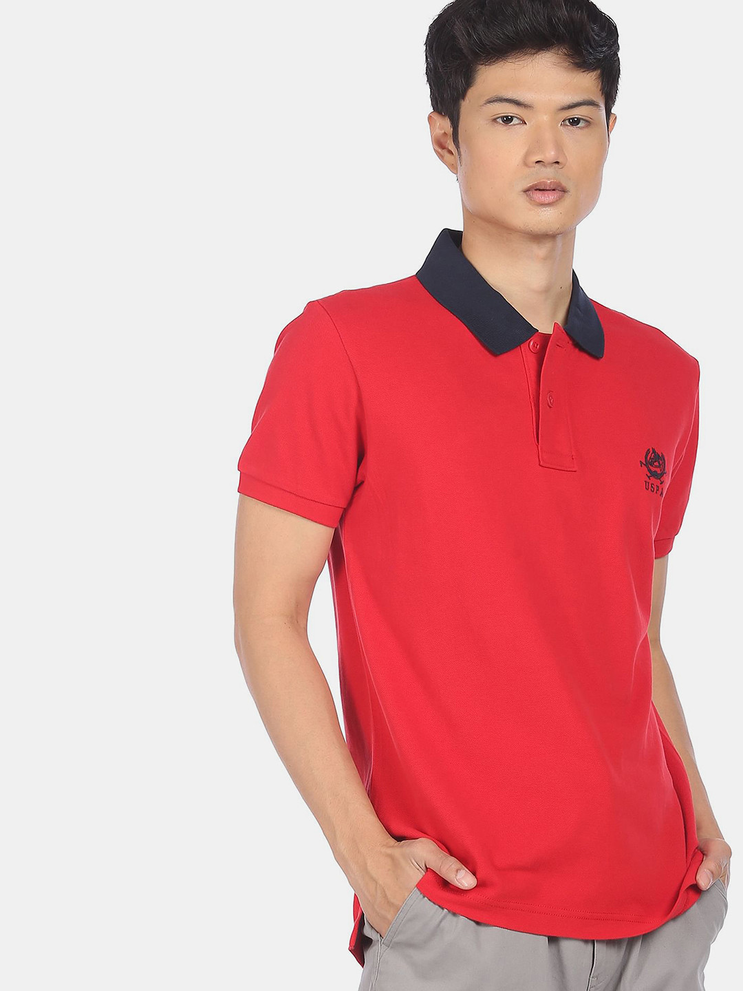 

U S Polo Assn Men Red Solid Contrast Polo Collar Pure Cotton Slim Fit T-shirt