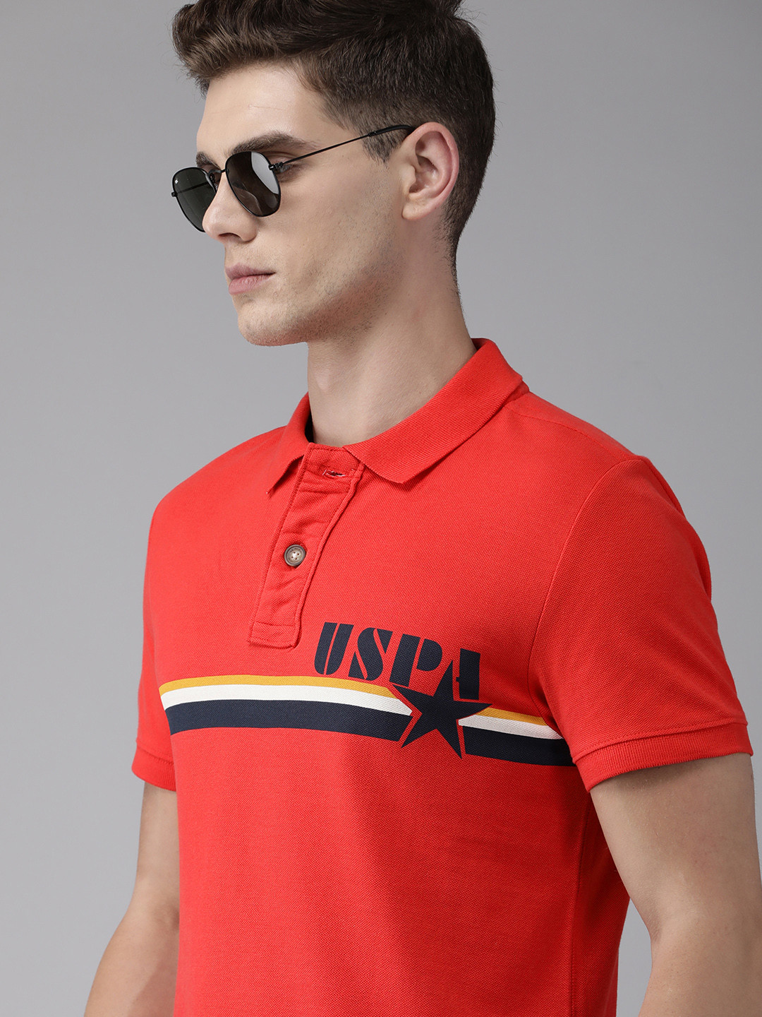

U S Polo Assn Denim Co Men Coral Red Striped Polo Collar T-shirt