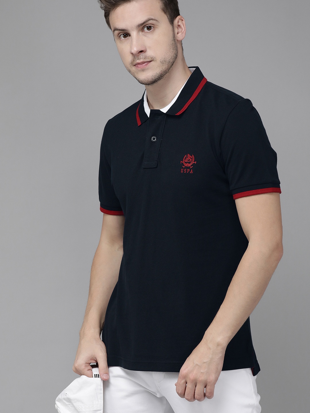 

U S Polo Assn Men Navy Blue Embroidery Detail Polo Collar Pure Cotton Slim Fit T-shirt