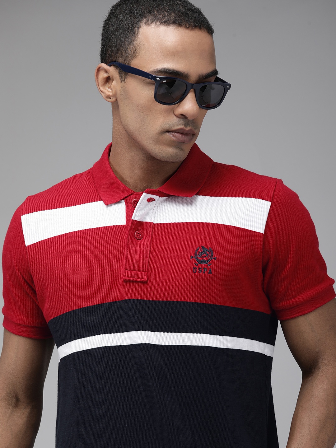 

U.S. Polo Assn. Men Navy Blue & Red Colourblocked Pure Cotton Polo Collar T-shirt