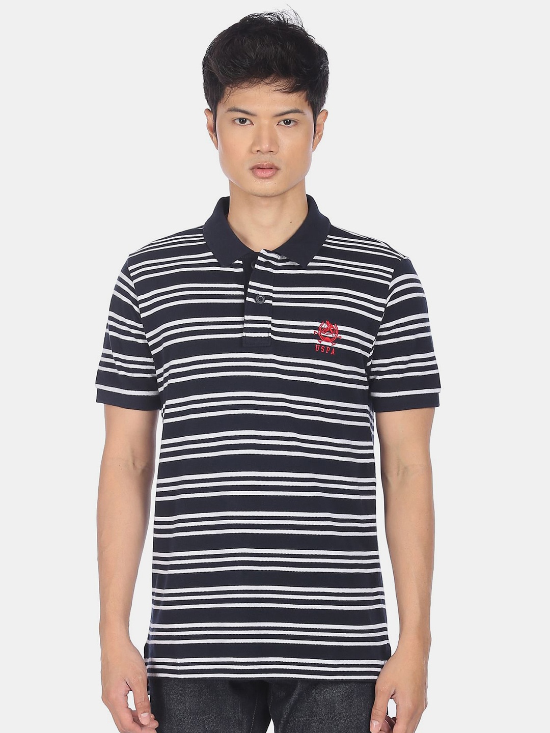 

U S Polo Assn Men Navy Blue & White Striped Polo Collar Pure Cotton Slim Fit T-shirt