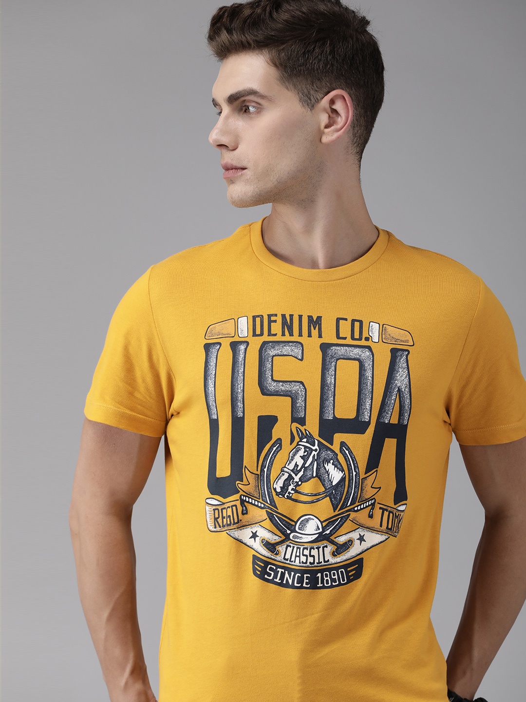 

U S Polo Assn Denim Co Men Mustard Yellow Brand Logo T-shirt