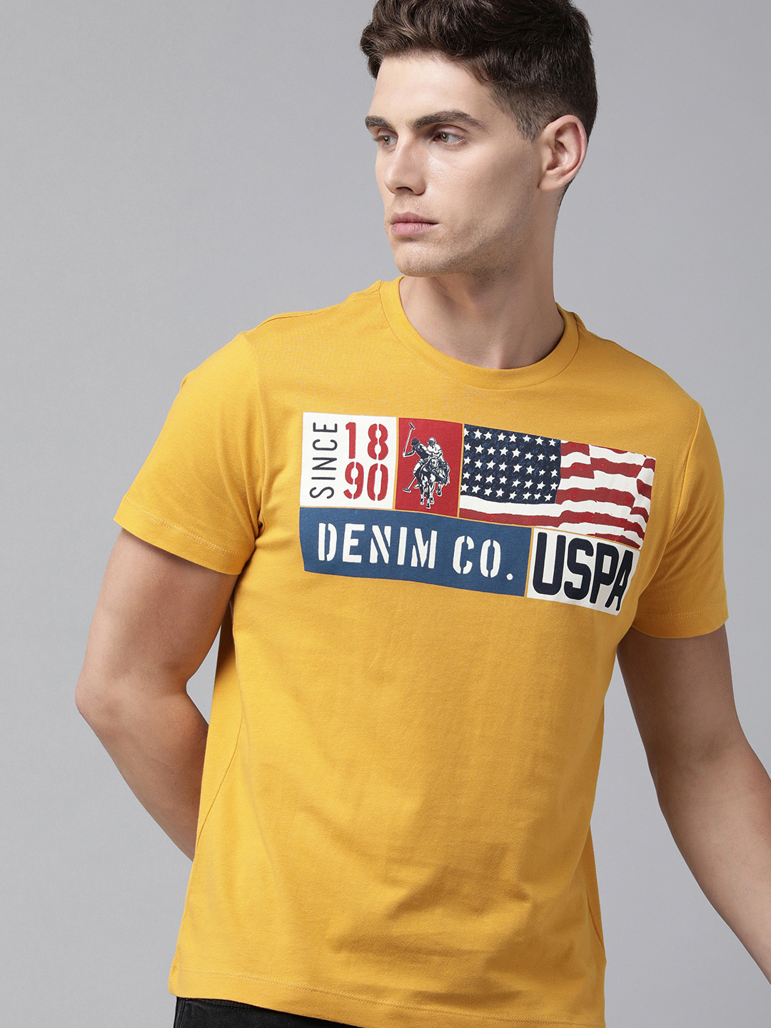 

U S Polo Assn Denim Co Men Mustard Yellow & Blue Brand Logo Printed Pure Cotton T-shirt