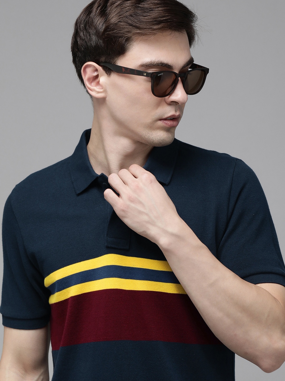 

U S Polo Assn Men Navy Blue & Yellow Striped Polo Collar Slim Fit Pure Cotton T-shirt