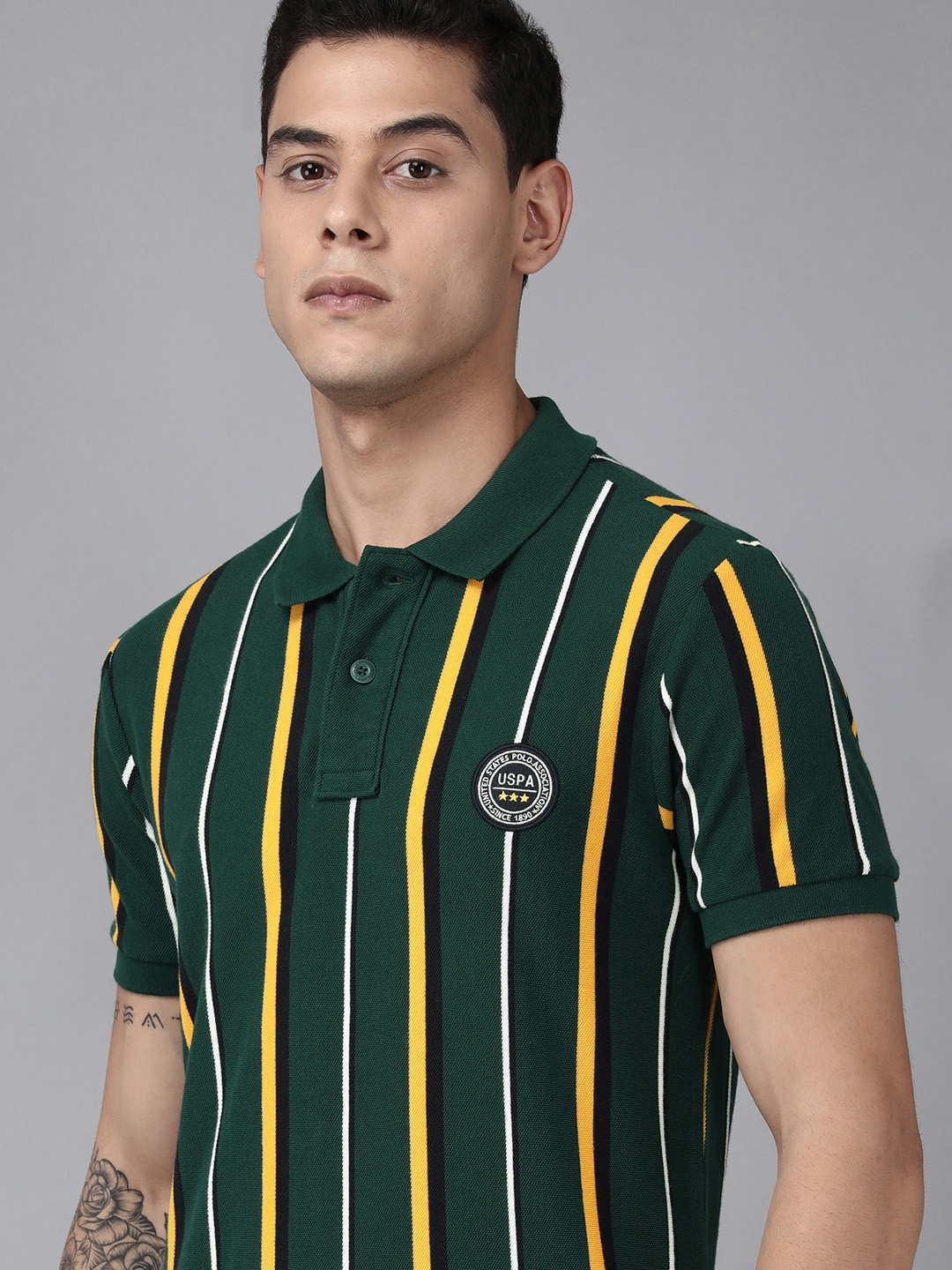 

U S Polo Assn Men Green & Yellow Striped Polo Collar Slim Fit T-shirt