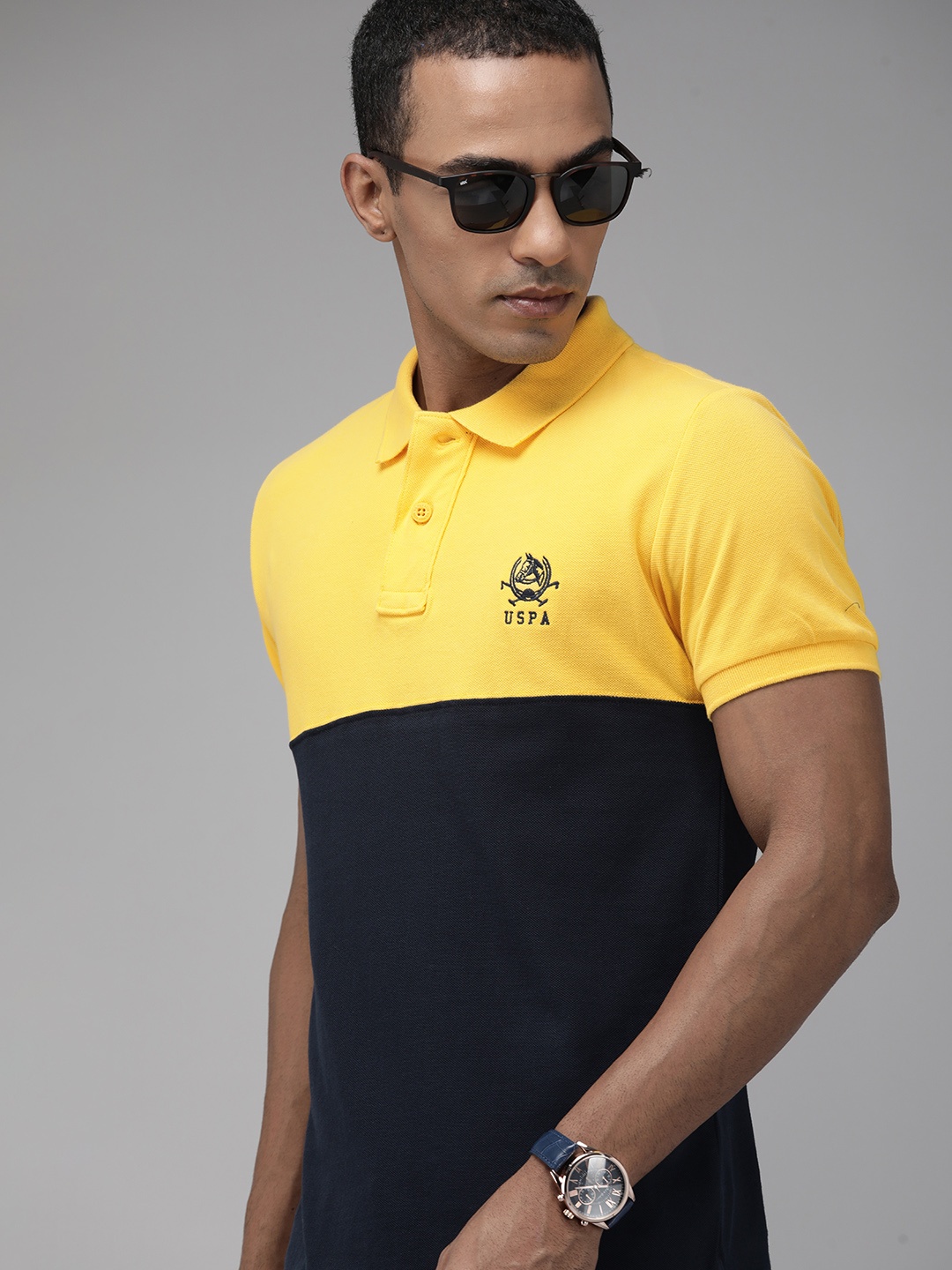 

U S Polo Assn Men Navy Blue & Yellow Colourblocked Pure Cotton Polo Collar T-shirt