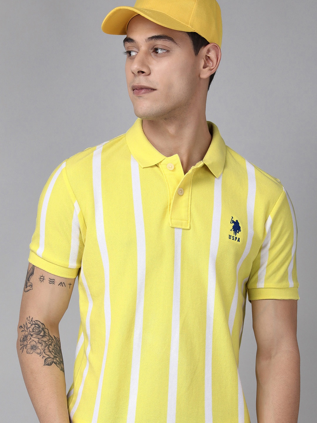 

U S Polo Assn Men Yellow & White Striped Polo Collar Slim Fit Pure Cotton T-shirt