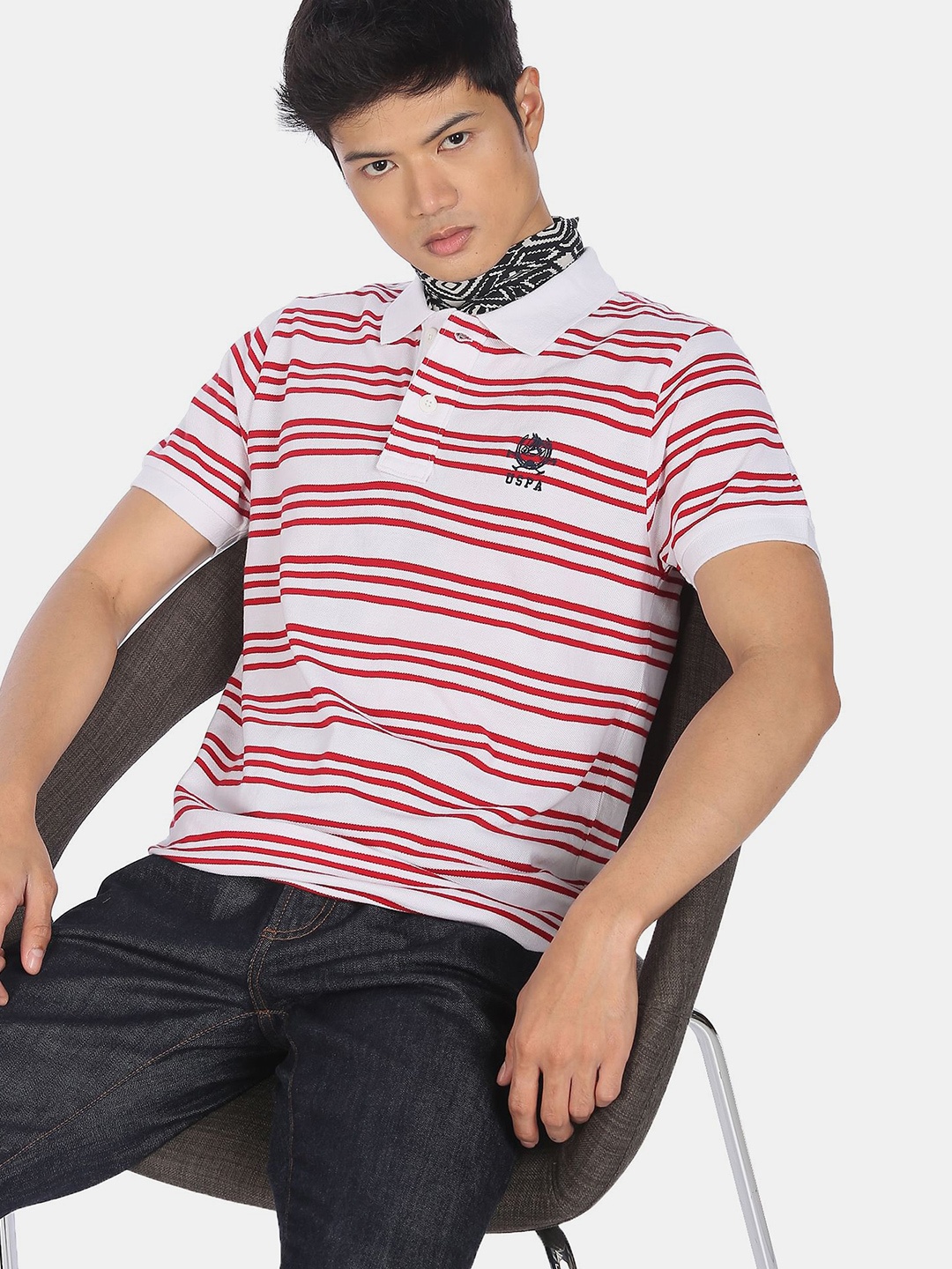 

U S Polo Assn Men Red & White Striped Polo Collar Slim Fit T-shirt