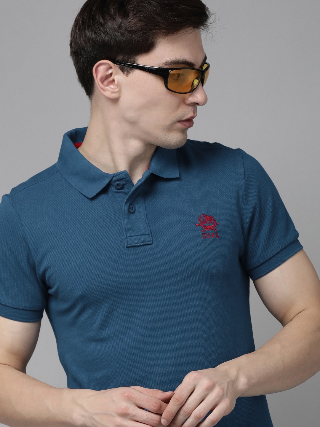 

U S Polo Assn Men Blue Solid Polo Collar Slim Fit Pure Cotton T-shirt
