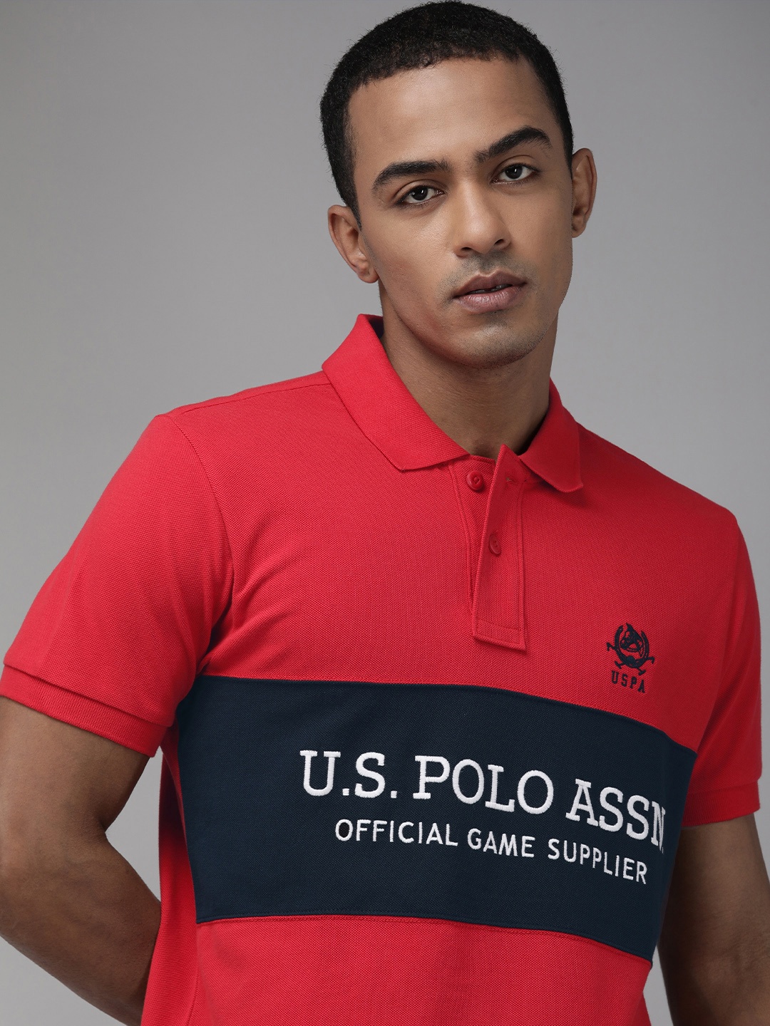 

U S Polo Assn Men Red & Navy Blue Typography Printed Polo Collar T-shirt