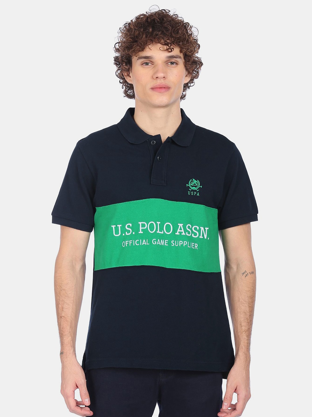 

U.S. Polo Assn. Men Navy Blue & Green Colourblocked Pure Cotton Polo Collar T-shirt