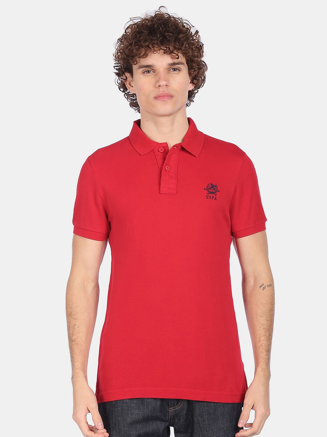

U.S. Polo Assn. Men Red Solid Pure Cotton Polo Collar T-shirt