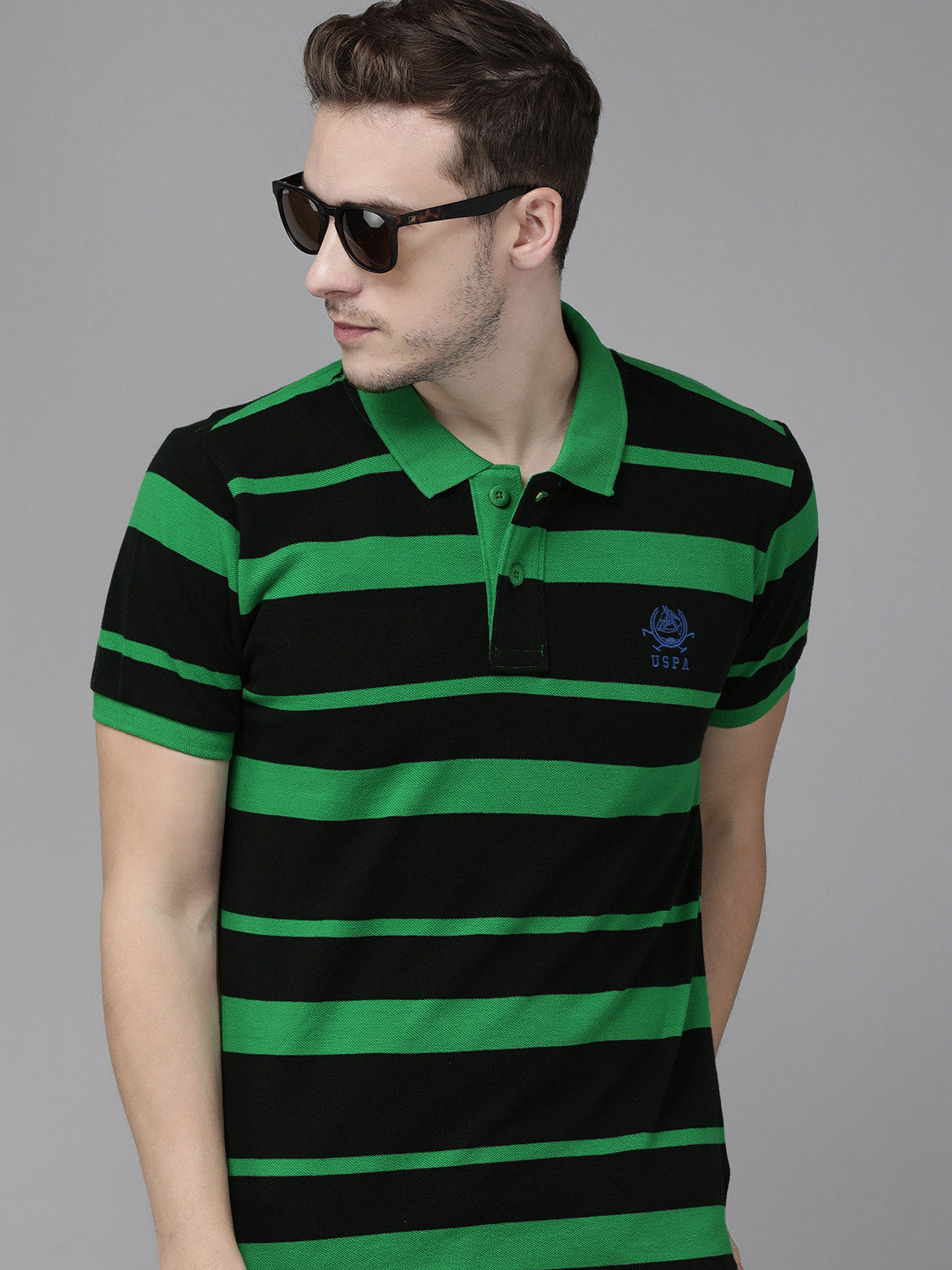 

U S Polo Assn Men Green & Black Striped Polo Collar Slim Fit T-shirt