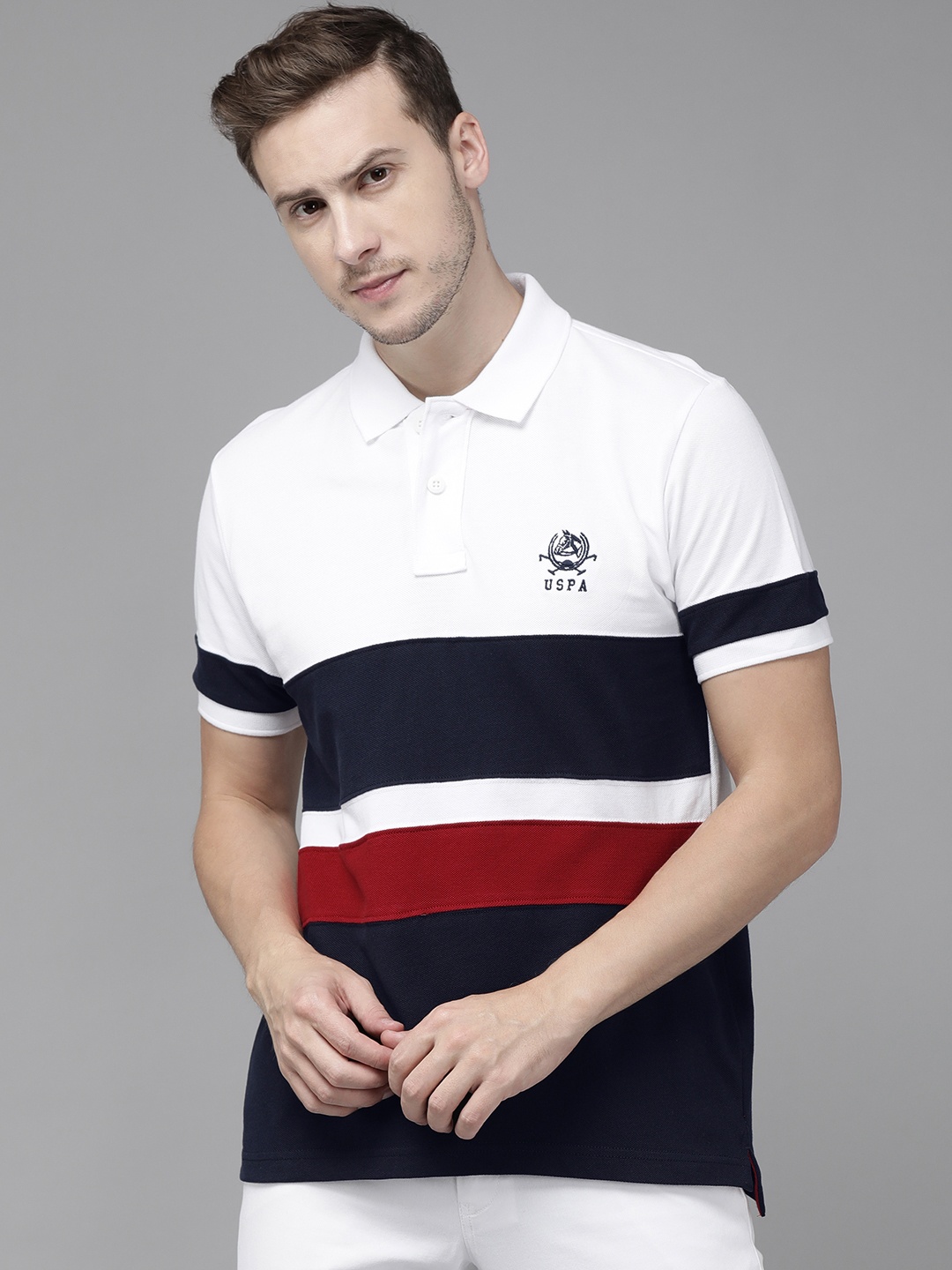 

U S Polo Assn Men White & Navy Blue Colourblocked Polo Collar Pure Cotton Slim Fit T-shirt