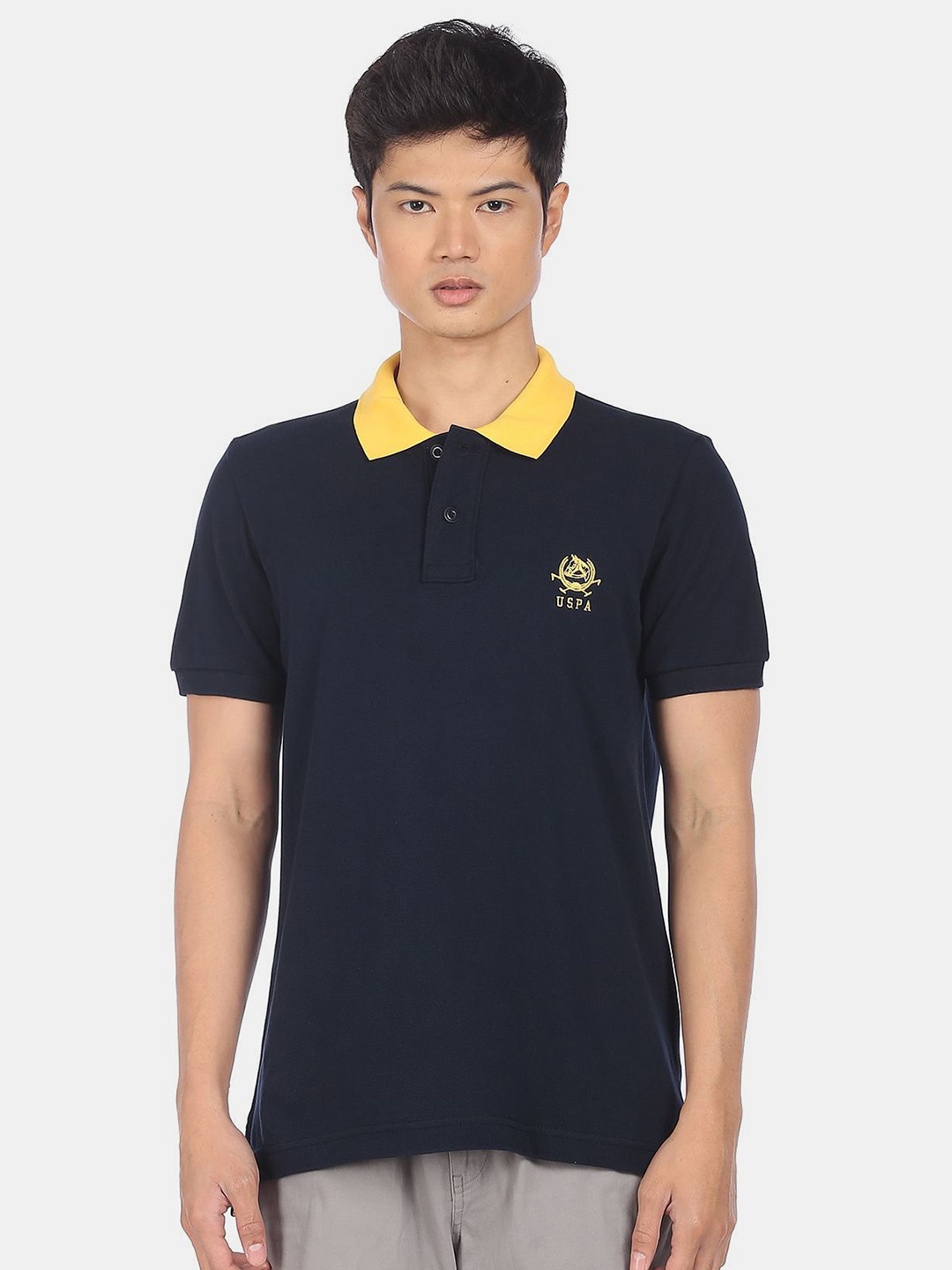 

U S Polo Assn Men Navy Blue Solid Contrast Polo Collar Pure Cotton Slim Fit T-shirt