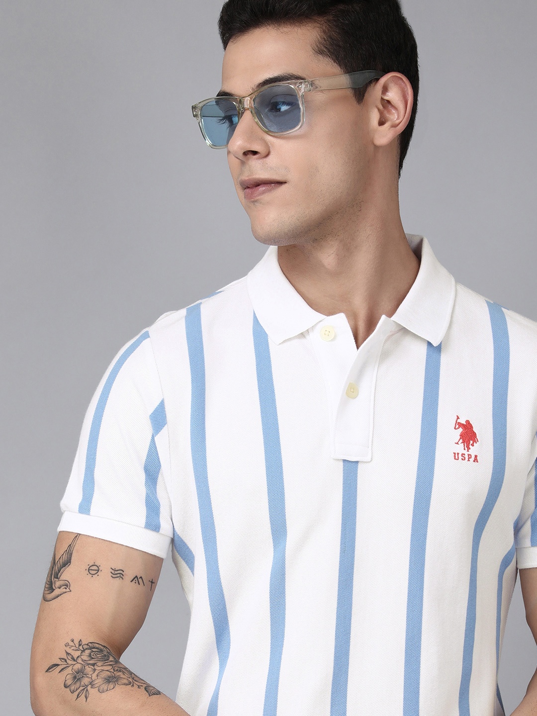 

U S Polo Assn Men White & Blue Striped Polo Collar Slim Fit Pure Cotton T-shirt