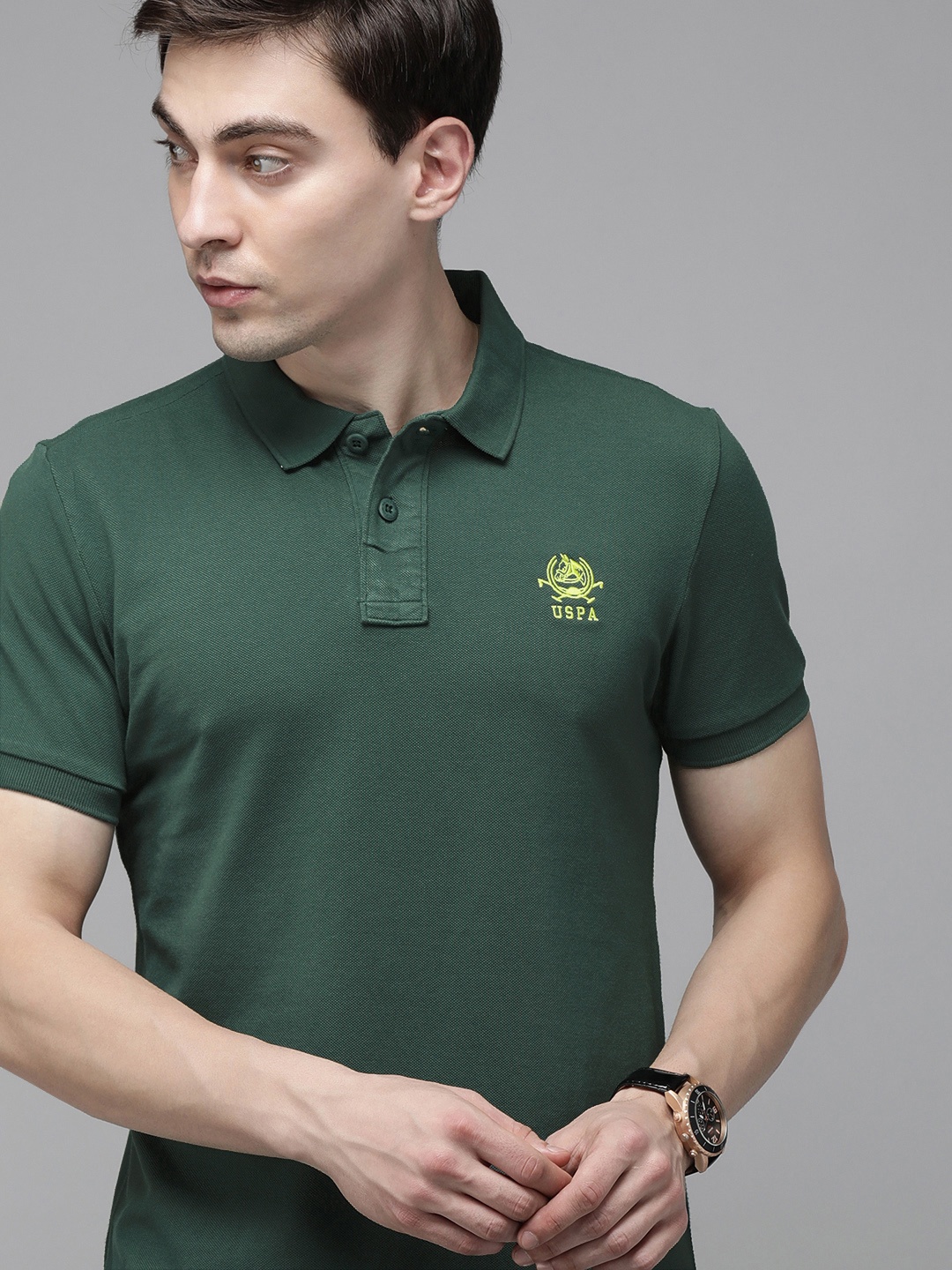 

U.S. Polo Assn. Men Green Solid Pure Cotton Polo Collar T-shirt