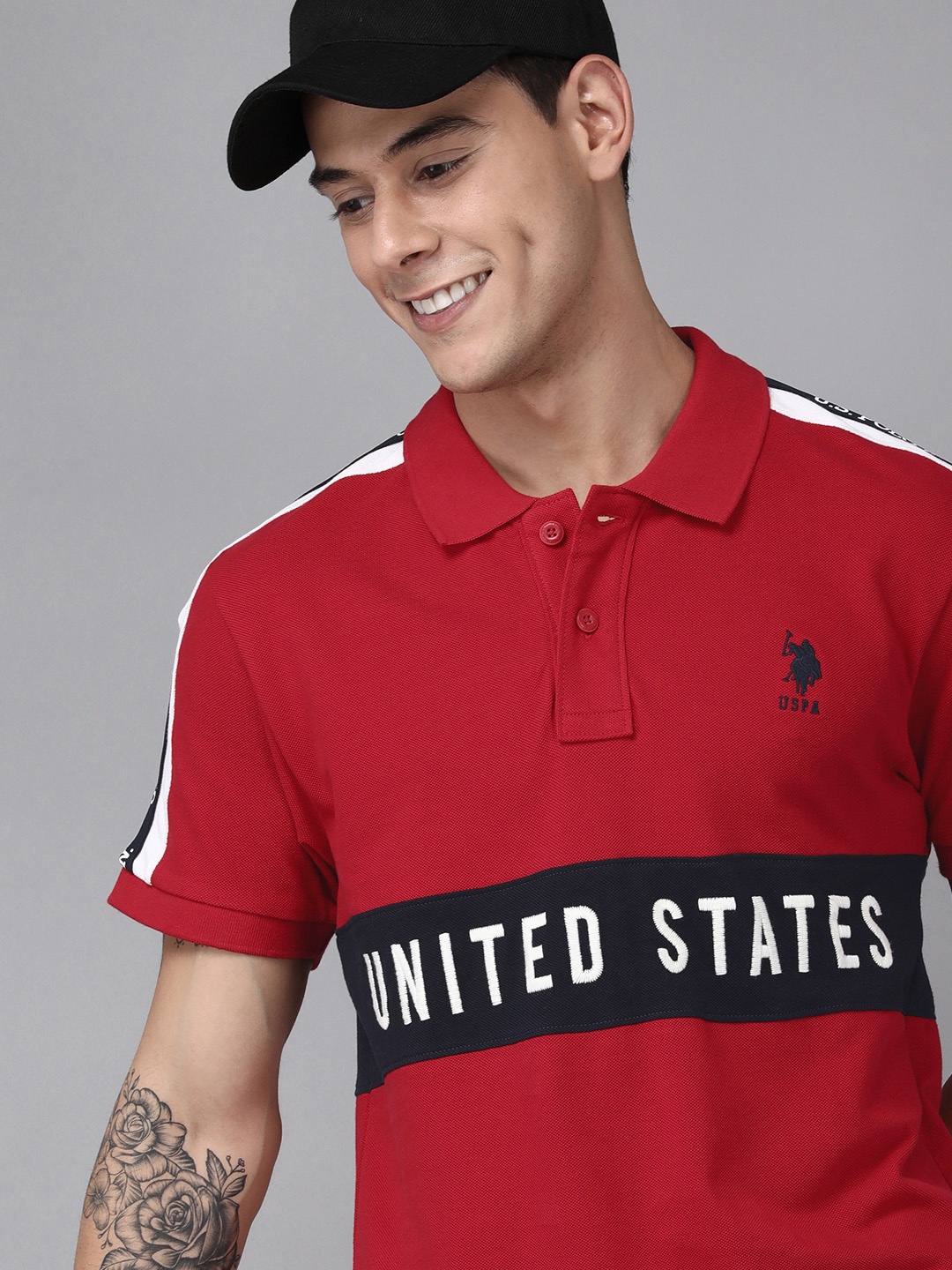 

U S Polo Assn Men Red & Black Printed Polo Collar Slim Fit T-shirt